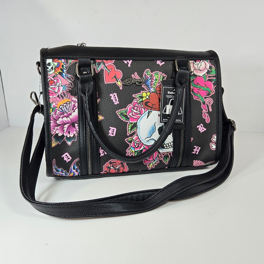 Ed Hardy Black Tattoo Print Satchel Bag Skull Rose EHH120AR1-26-003 New